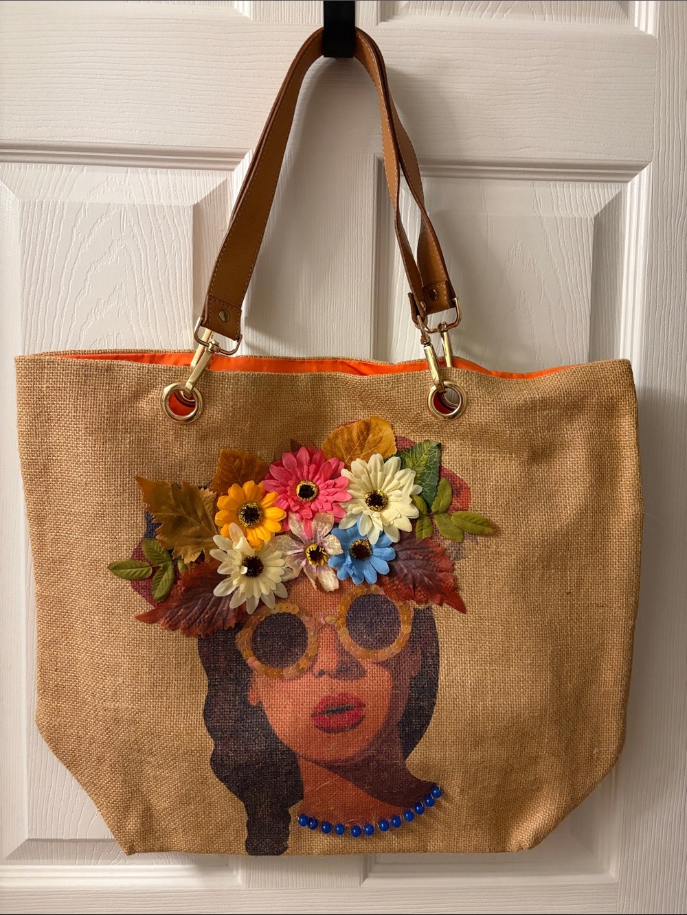 Floral Sunflower Tote Bag with Leather Handles - Natural Brown